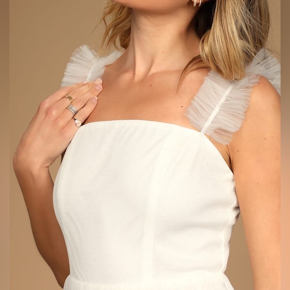 Lulu’s Divine Invitation White Cream Dot Tulle Ruffle Fun Midi Bridal Dress - Picture 5 of 10